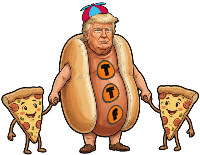 Trump as hot dog mascot with TFF pizzas